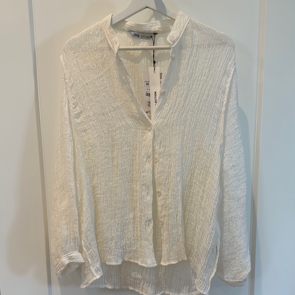 Zara Cream Button Down Shirt with Mandarin Collar and Relaxed Fit